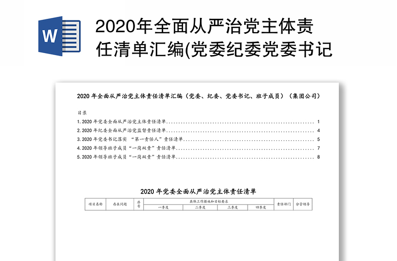 年全面从严治党主体责任清单汇编(党委纪委党委书记班子成员)(集团公司)