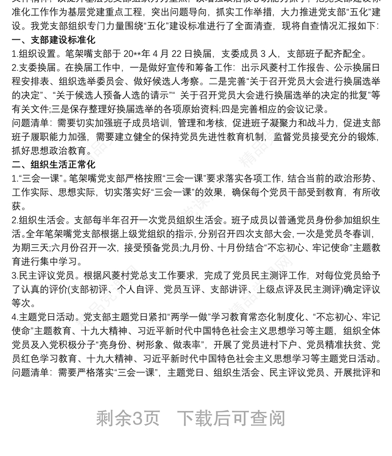 某单位党支部“五化”建设自查报告党支部自查报告