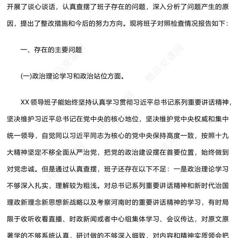 巡视整改专题民主生活会领导班子对照检查材料汇编