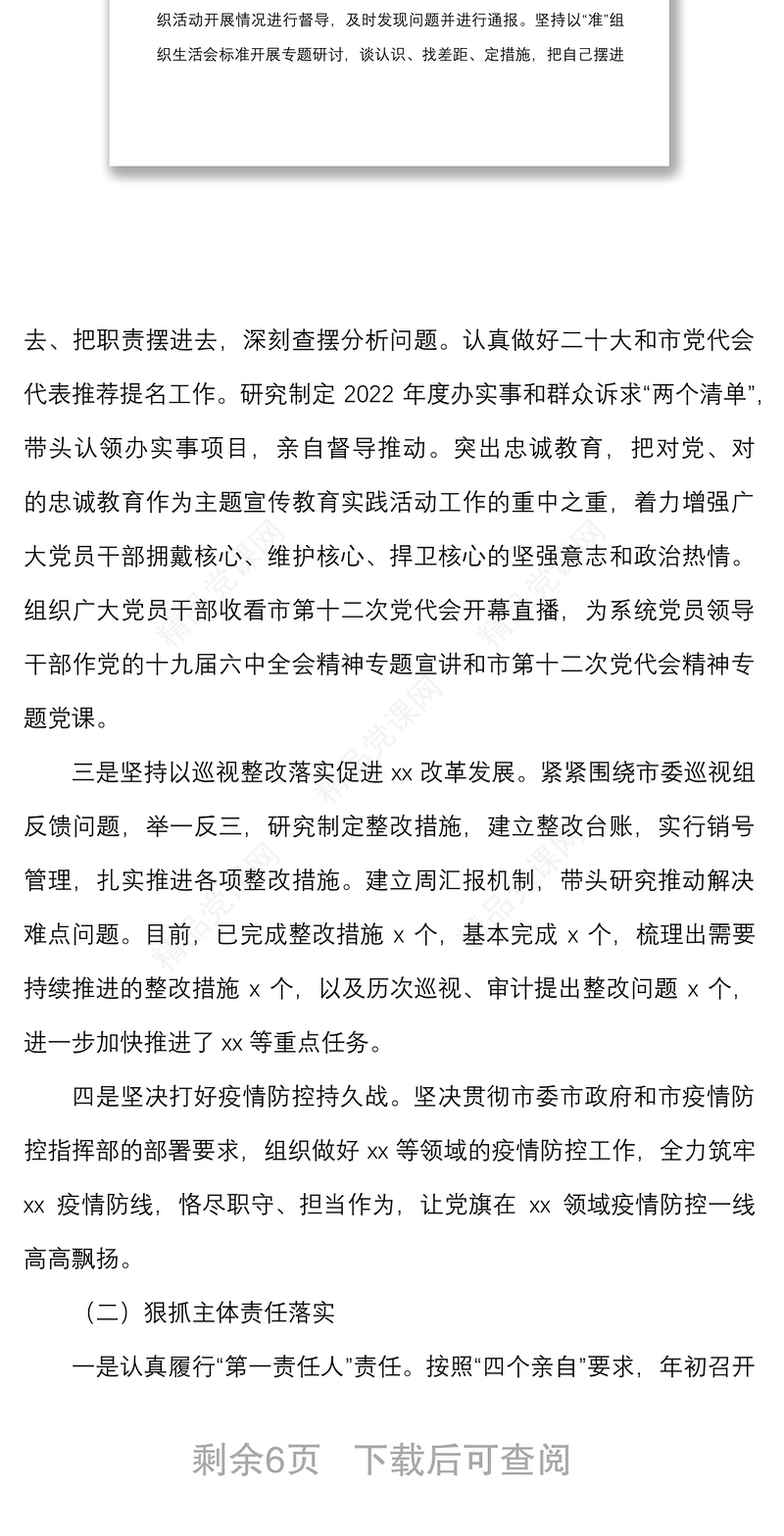 2022年上半年一把手落实全面从严治党主体责任情况报告范文履行责任制个人工作汇报总结