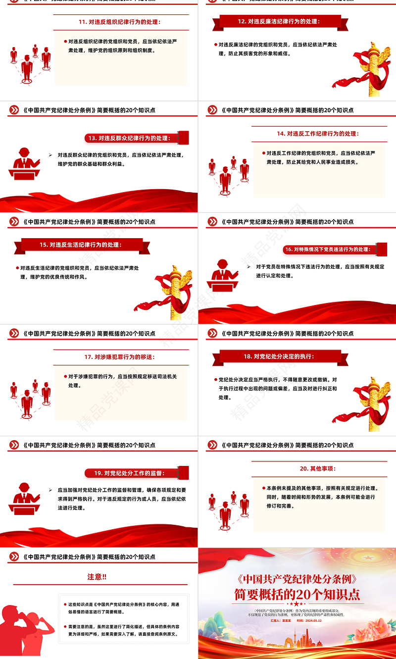 2024红色简洁《中国共产党纪律处分条例》简要概括的20个知识点PPT