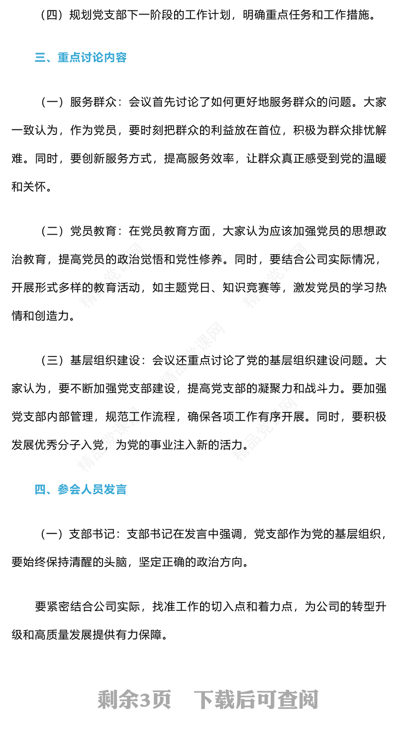 2024年党支部委员会会议记录word