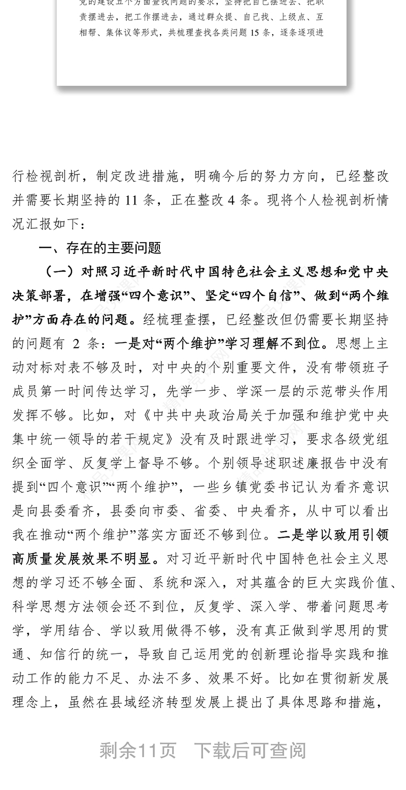 检视剖析材料县处级领导干部主题教育专题民主生活会剖析检视材料