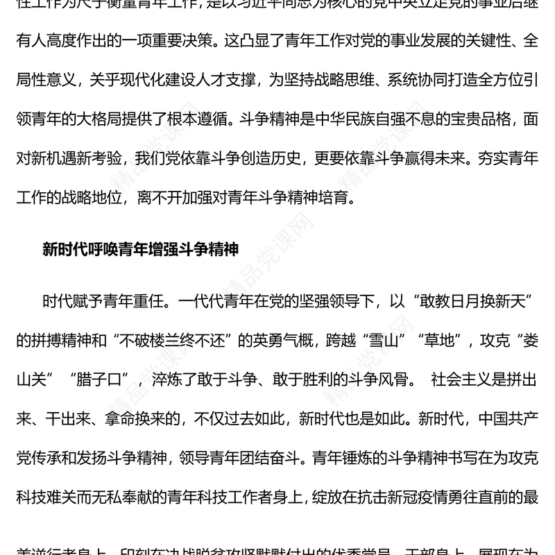 2023加强青年斗争精神培育夯实青年工作战略地位PPT优质党政风全面深入学习宣传贯彻党的二十大精神专题党课课件模板(讲稿)