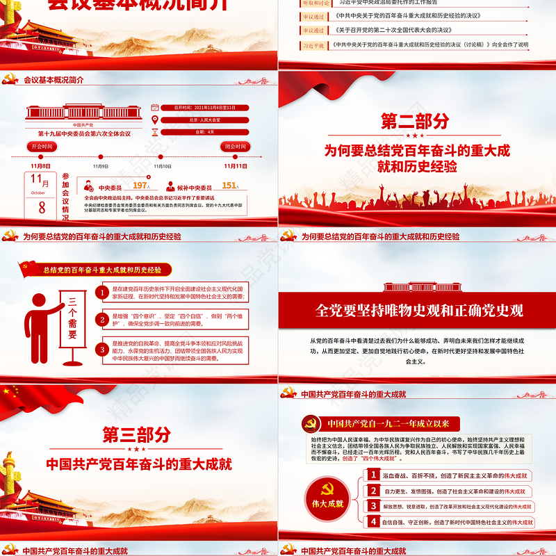 全面总结学习党的百年奋斗重大成就和历史经验PPT简洁风十九届六中全会公报内容介绍党课课件