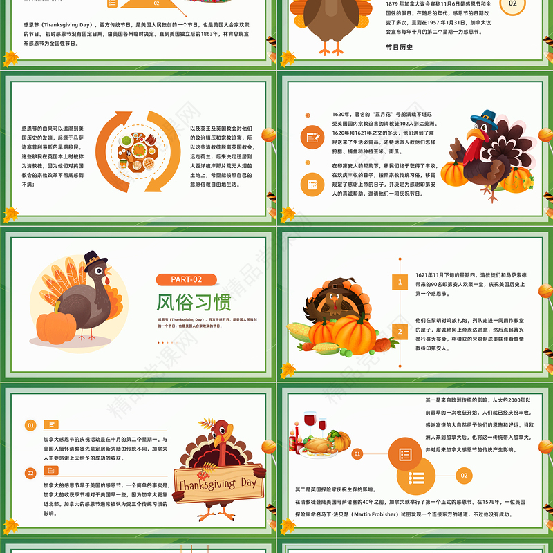 2024感恩节PPT橙色精美卡通感恩节节日介绍模板课件