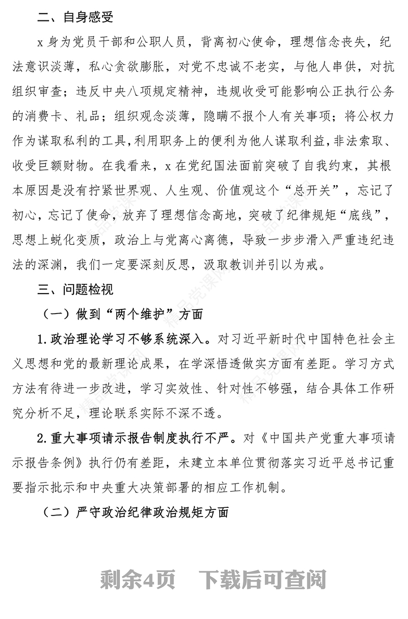 违法违纪案例警示教育专题组织生活会