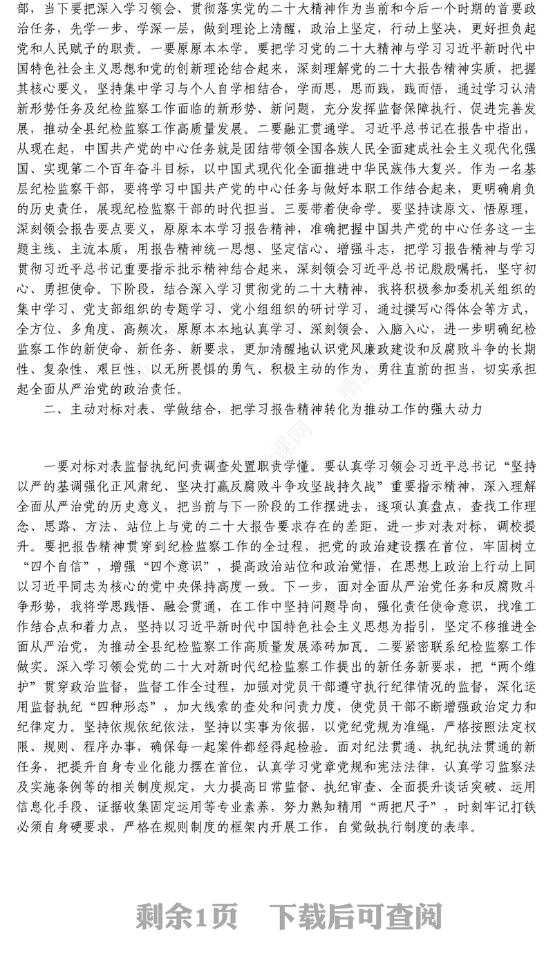 纪检监察干部学习党的二十大报告精神心得体会