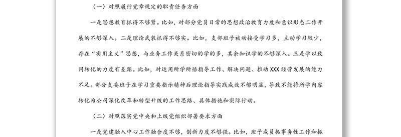 国企党支部支委班子2021年度组织生活会对照检查材料