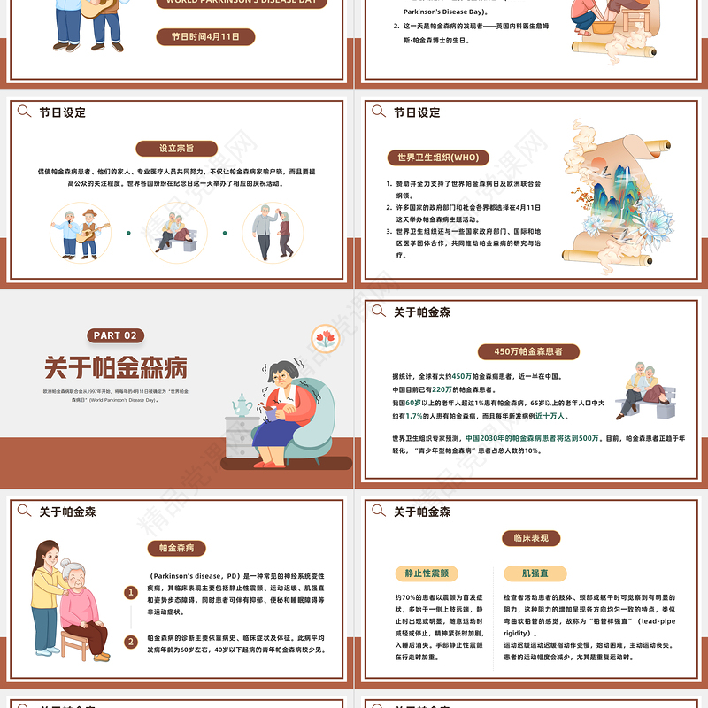 2024帕金森病日PPT卡通插画风世界帕金森疾病日节日介绍课件下载