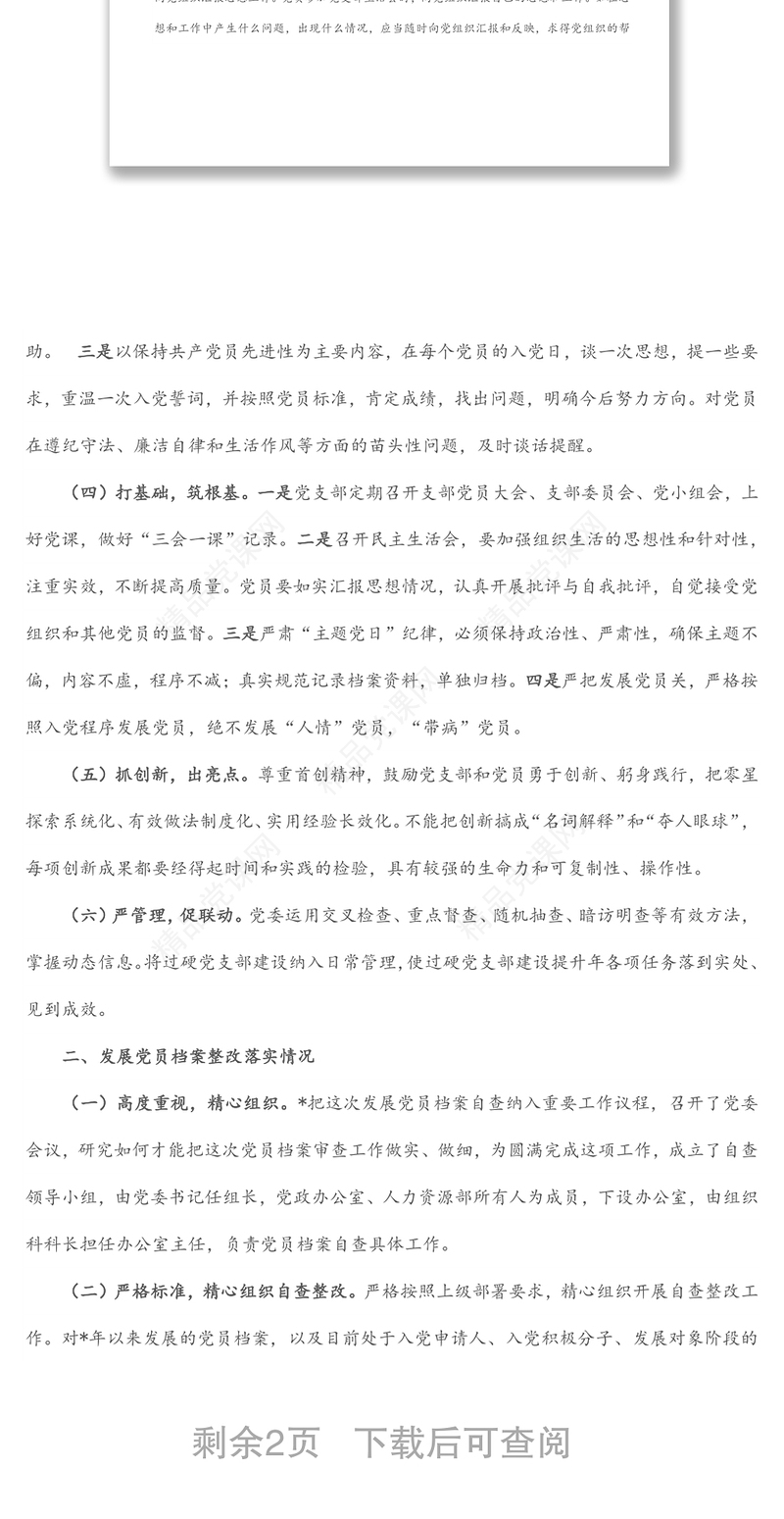 国有企业关于过硬党支部建设和发展党员档案整改落实情况的报告