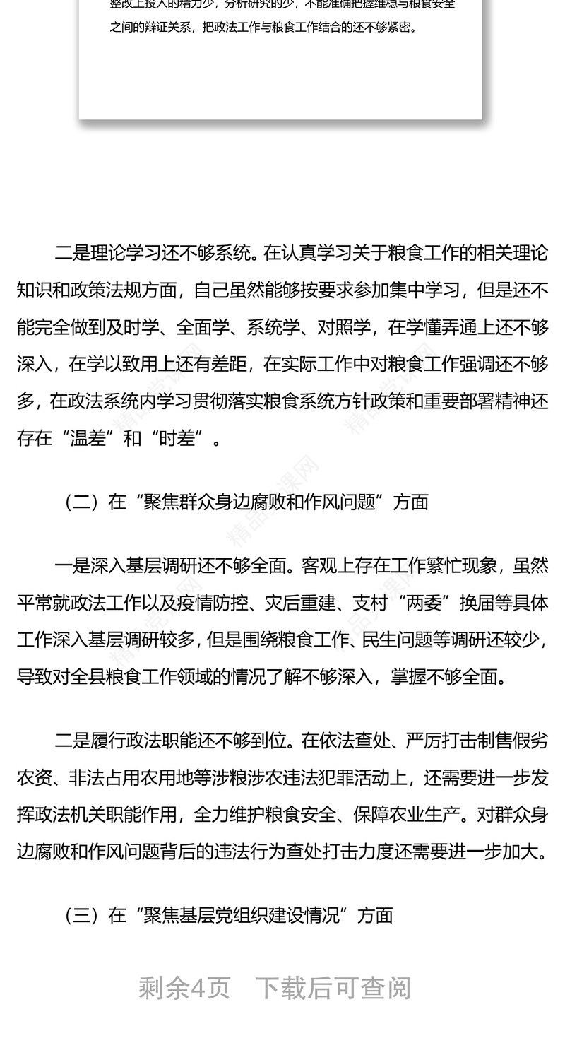 年粮食购销系统机动式巡察反馈意见整改专题民主生活会发言提纲