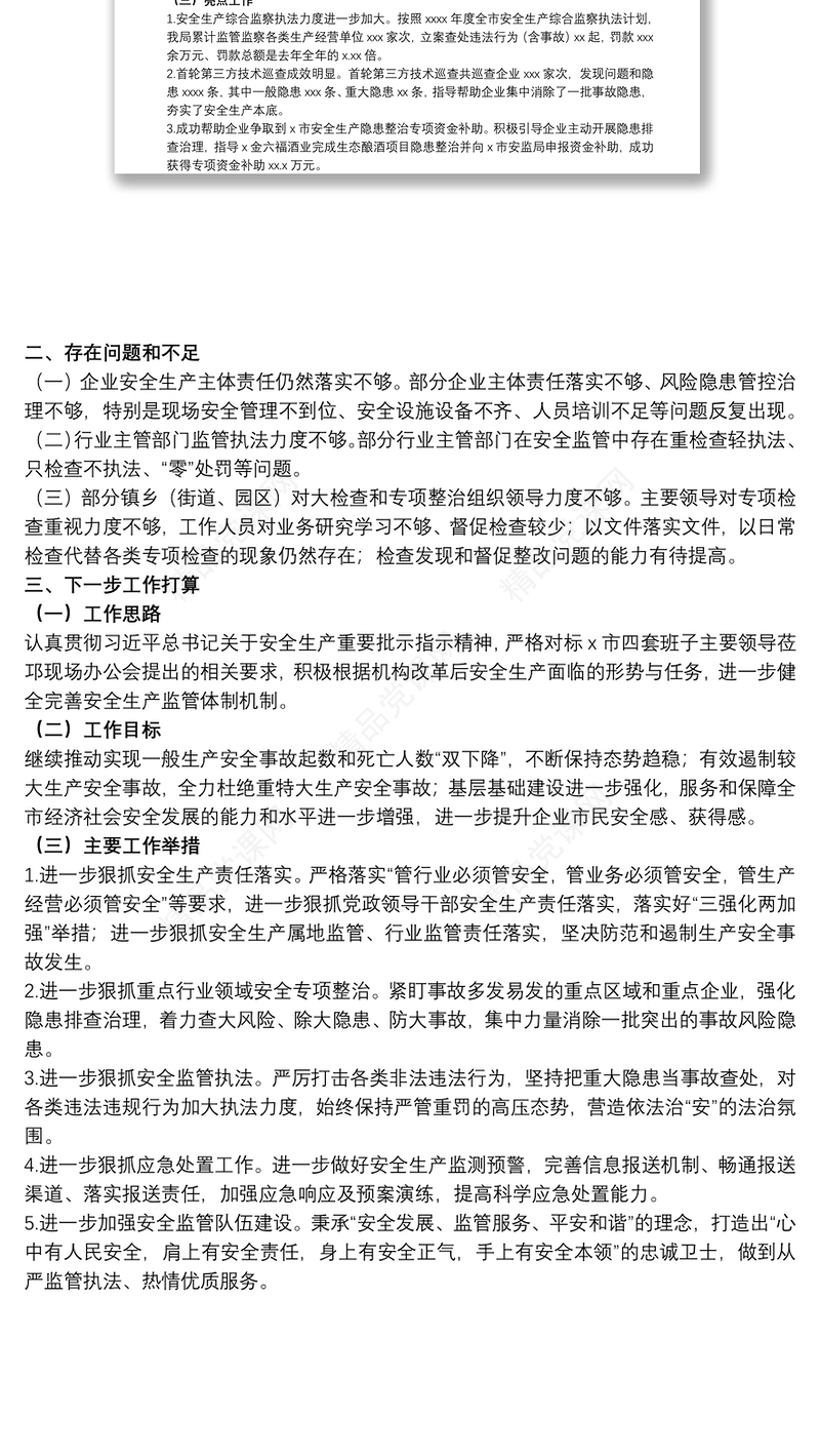 安全生产监督管理局20xx年工作总结和下一步工作打算