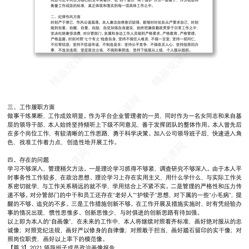2021领导班子成员政治画像报告(通用9篇)