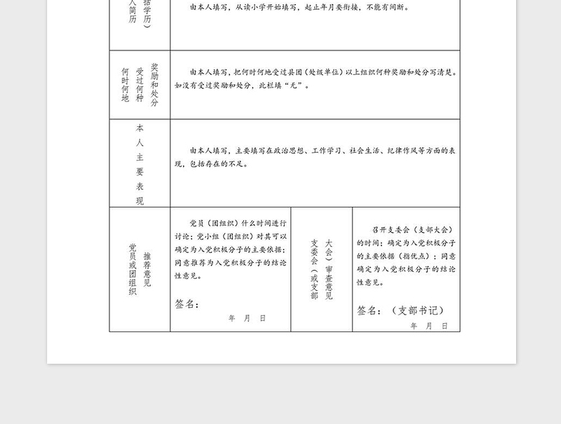 年入党积极分子登记表模板及填写范
