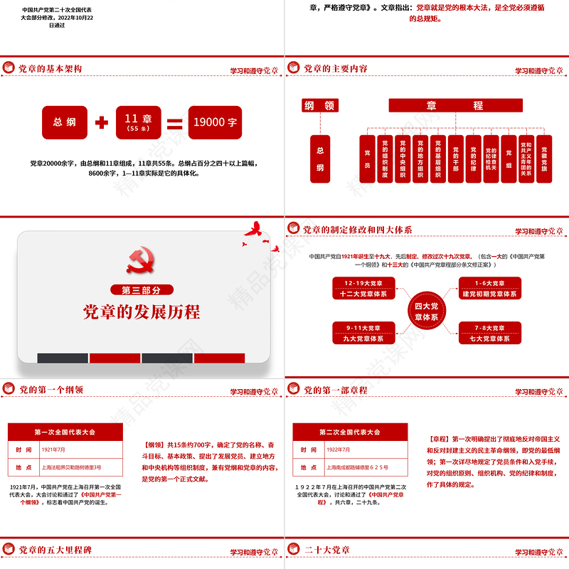 中国共产党章程全文解读PPT极简风党章发展历程及新党章全文党员学习专题课件
