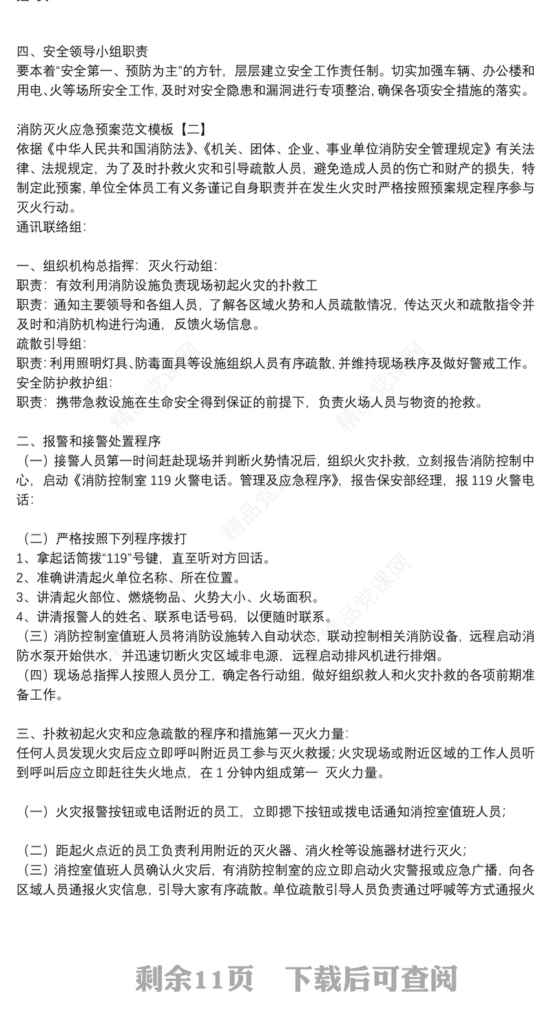 消防灭火应急预案范文模板