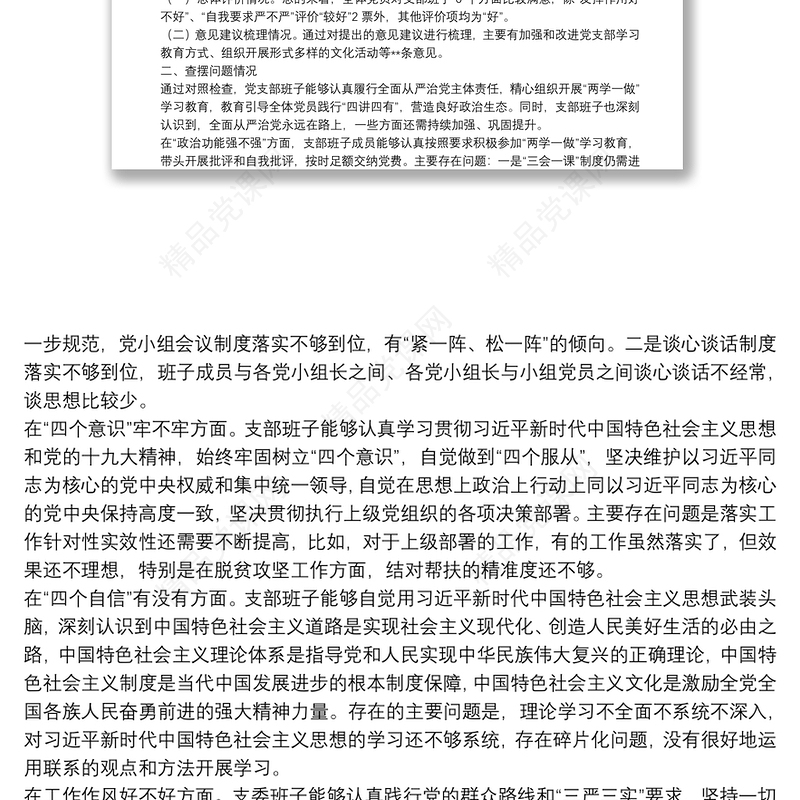 党支部班子专题组织生活会情况通报（支部班子对照检查材料）