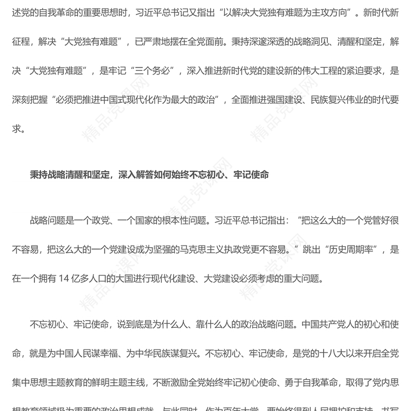 时刻保持解决大党独有难题的清醒和坚定研讨发言