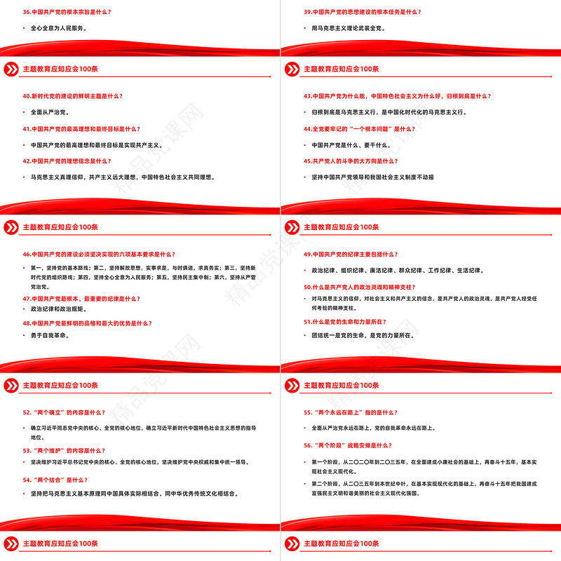 主题教育知识点100条PPT党政风主题教育应知应会基础知识微党课课件
