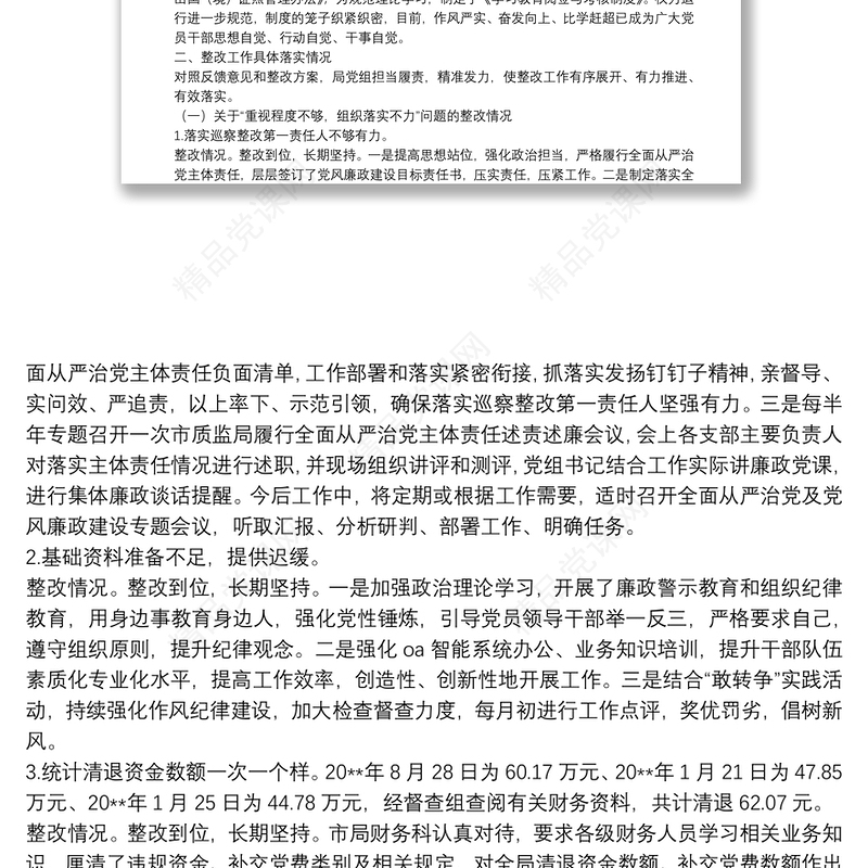 X市质监局党组巡察整改专项督查反馈问题整改情况报告