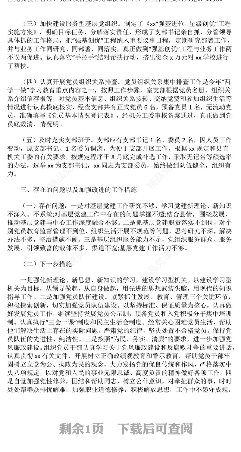 基层支部书记抓党建工作述职报告模板