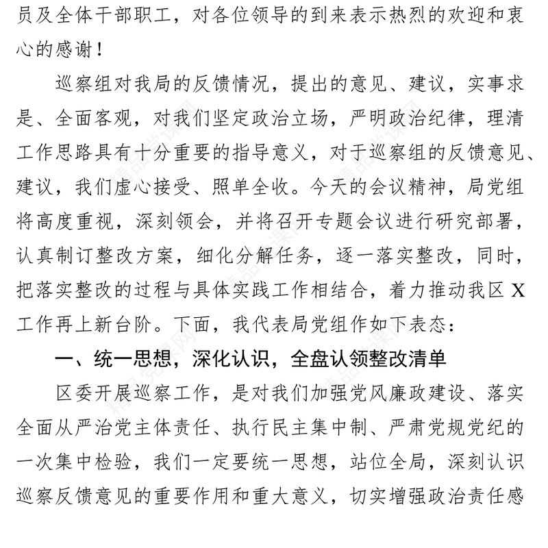 巡视整改在巡察工作情况反馈会上的整改表态发言
