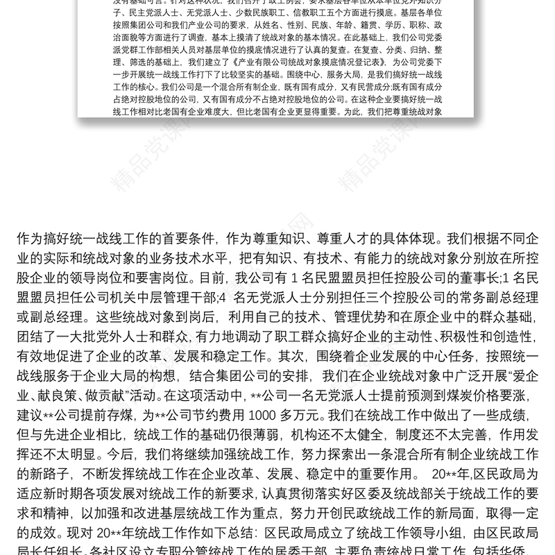 集团公司统战工作总结