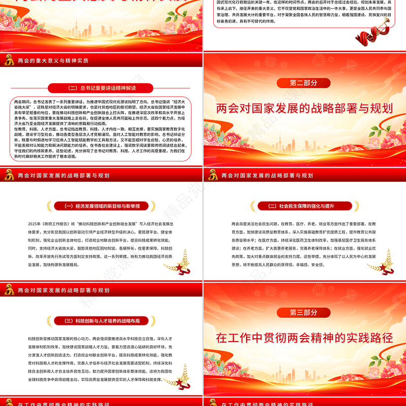 红色大气2025年全国两会精神党课三会一课讲稿PPT课件下载