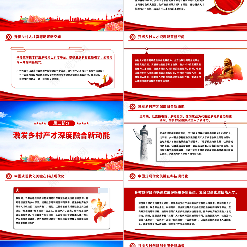 2024党建风以数字赋能助力乡村人才振兴PPT红色简洁学习教育党课模板课件