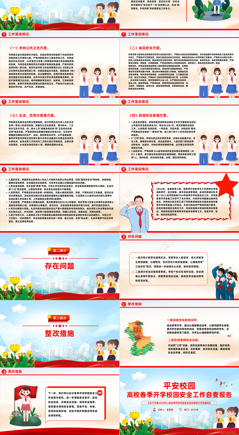 高校春季开学校园安全工作自查报告PPT精美简洁平安校园创建主题模板