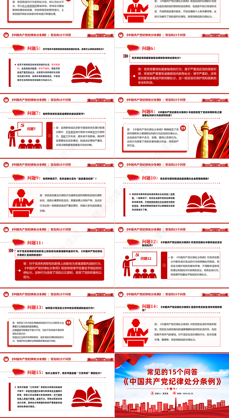2024大气精美关于《中国共产党纪律处分条例》常见的15个问答PPT课件