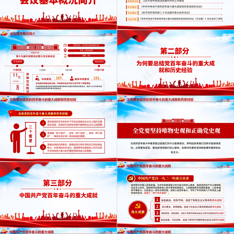 全面总结学习党的百年奋斗重大成就和历史经验PPT简洁风十九届六中全会公报内容介绍党课课件