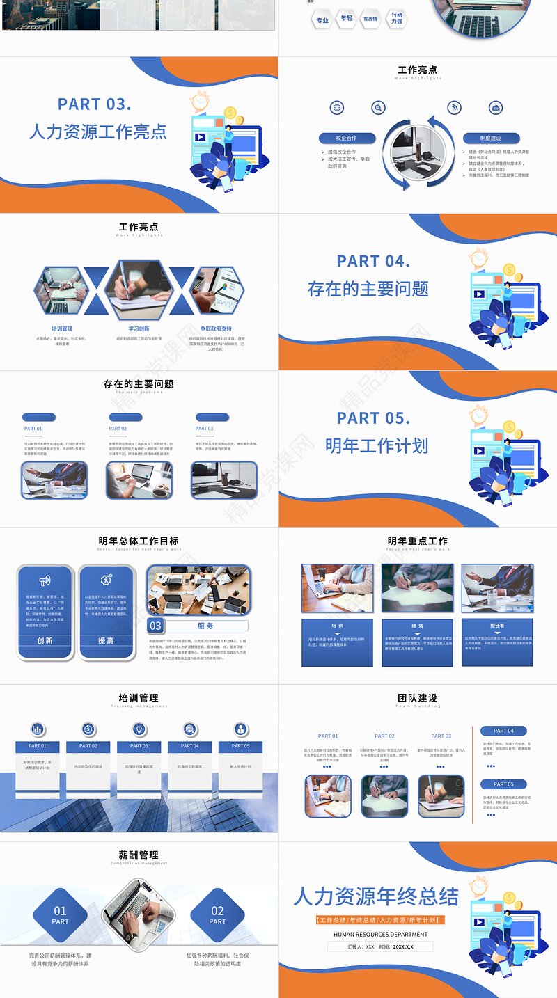 2022年人力资源年终总结PPT蓝色简约风工作总结年终总计新年计划模板