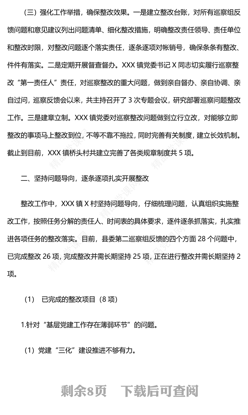 关于巡察整改进展情况的报告模板