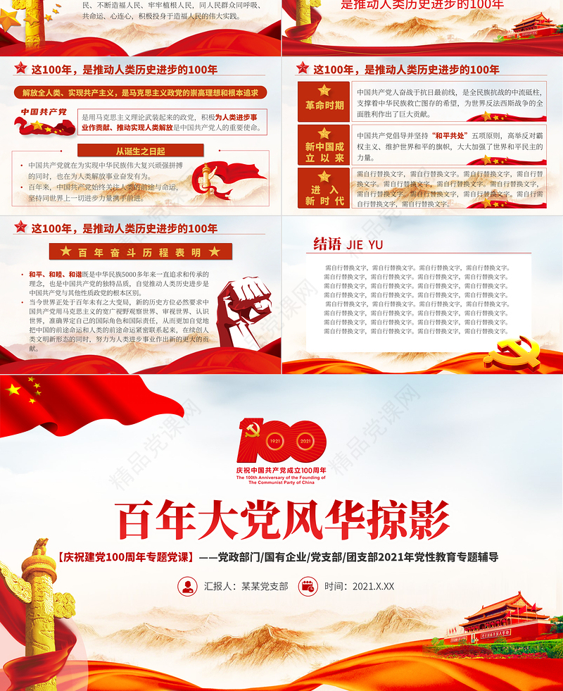 百年大党风华掠影PPT中国共产党的百年奋斗是马克思主义中国化彻底改变民族命运为人民谋幸福推动人类历史进步的100年党课课件