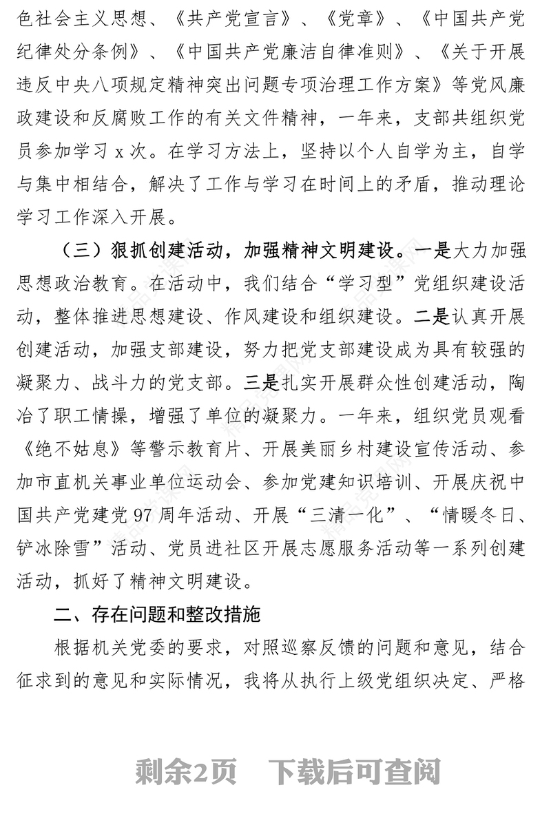 支部党建工作报告问题整改措施总结汇报