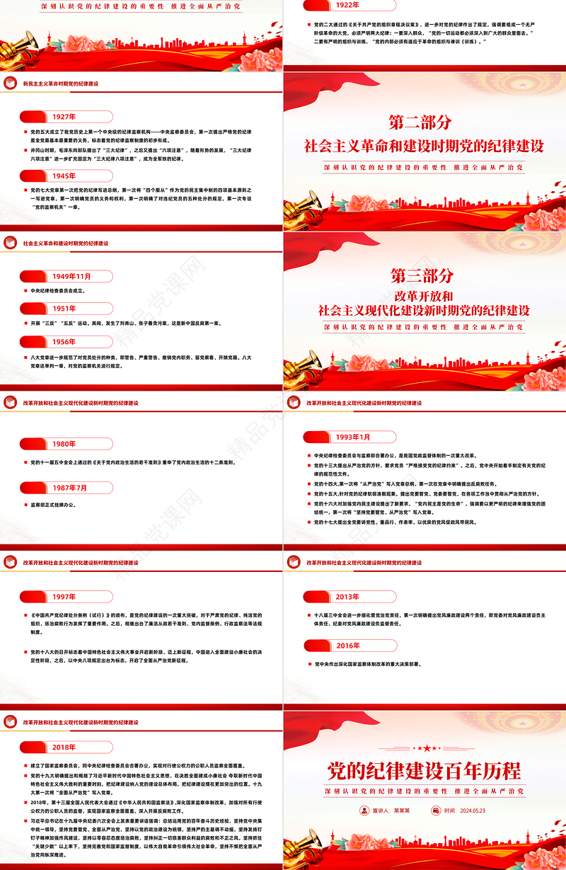 2024党的纪律建设百年历程PPT红色简洁党纪学习教育党课课件