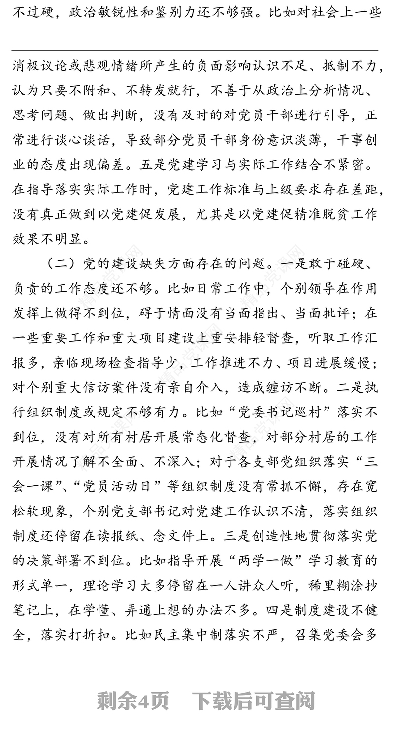党委书记巡察整改民主生活会个人对照检查材料（镇乡）
