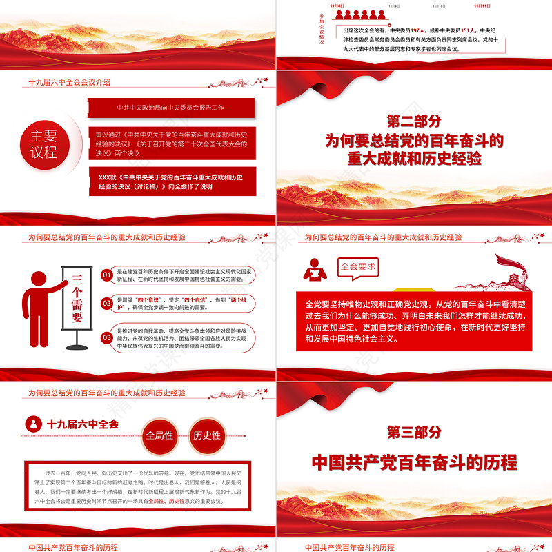 六中全会PPT党政风简约风深入解读十九届六中全会会议精神及其公报全文内容党员学习党课课件