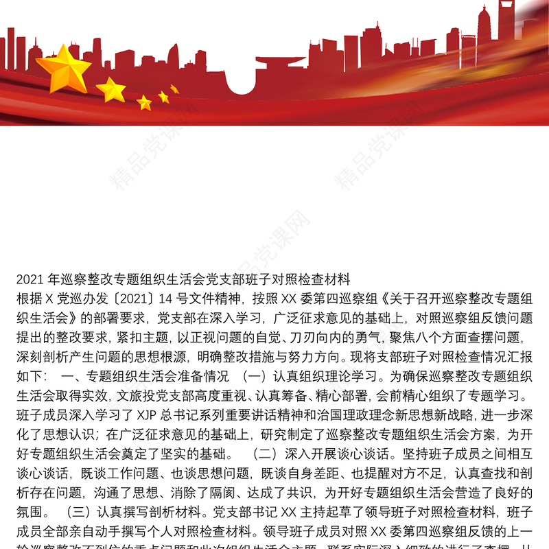 年巡察整改专题组织生活会党支部班子对照检查材料