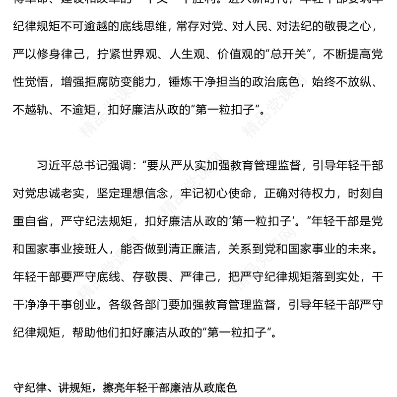 2023青年干部廉政党课PPT党政风简约扣好年轻干部廉洁从政的“第一粒扣子”党员教育党课(讲稿)