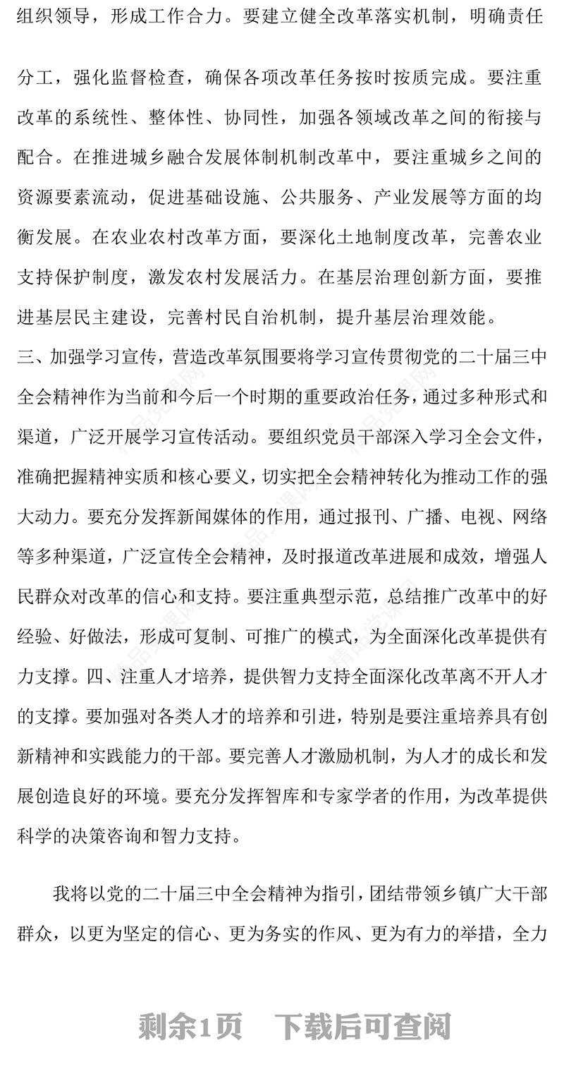 贯彻党的二十届三中全会精神研讨发言word模板