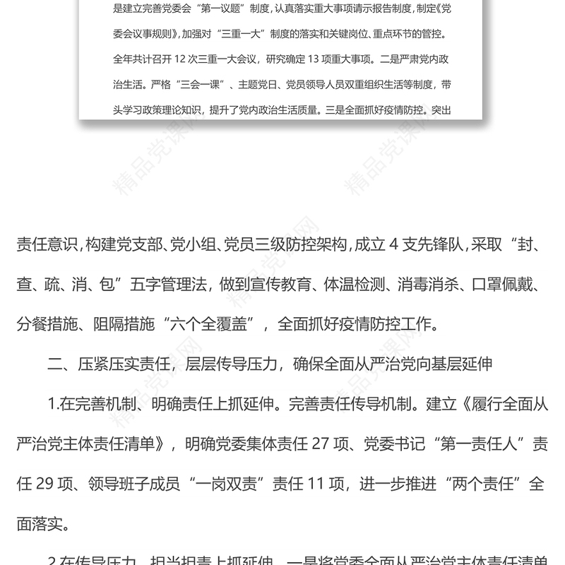 国有企业落实全面从严治党主体责任情况报告