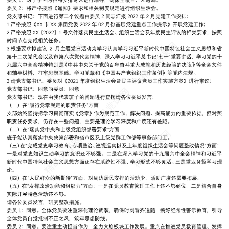 公司总部支部委员会X月份会议记录