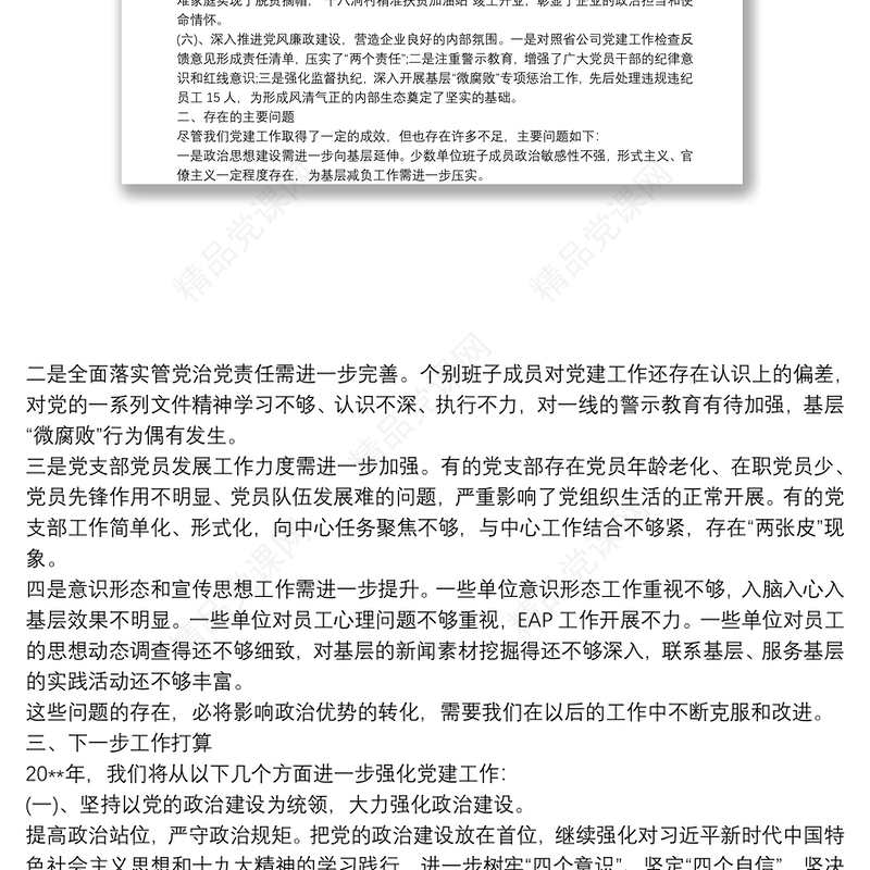 20xx年度党建工作总结自查报告