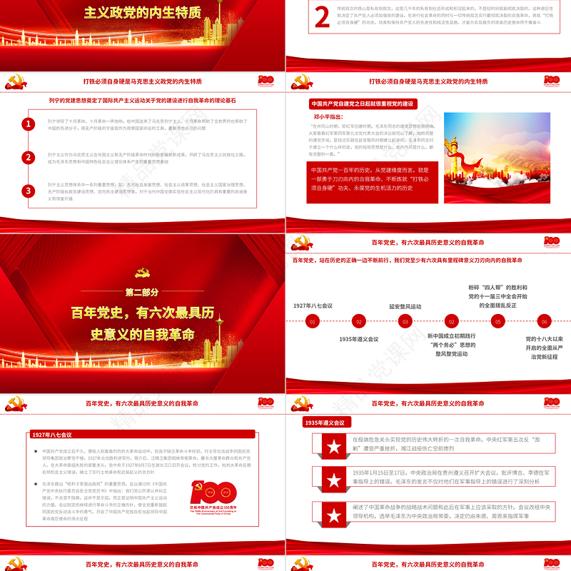 最具历史意义的六次自我革命PPT建党100周年专题辅导党课课件PPT模板