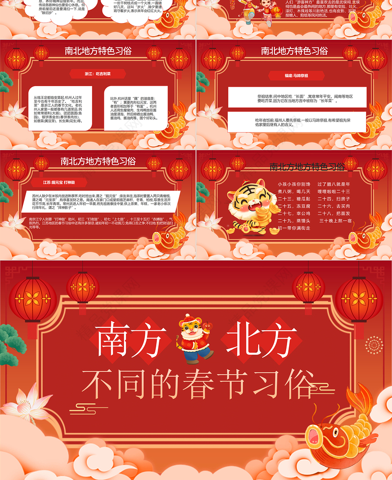 南北方春节习俗PPT红色简洁过年习俗差异中国传统文化知识主题班会课件下载