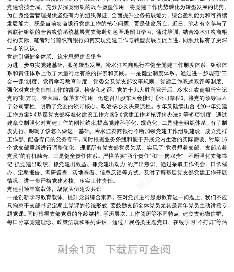 XX农商银行以党建引领促发展经验交流材料范本