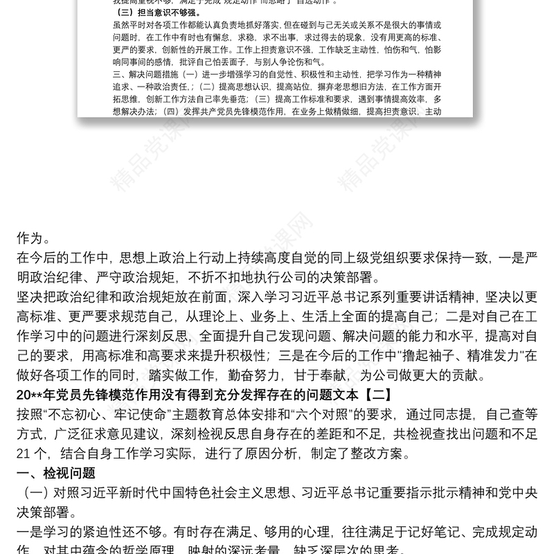 20xx年党员先锋模范作用没有得到充分发挥存在的问题文本